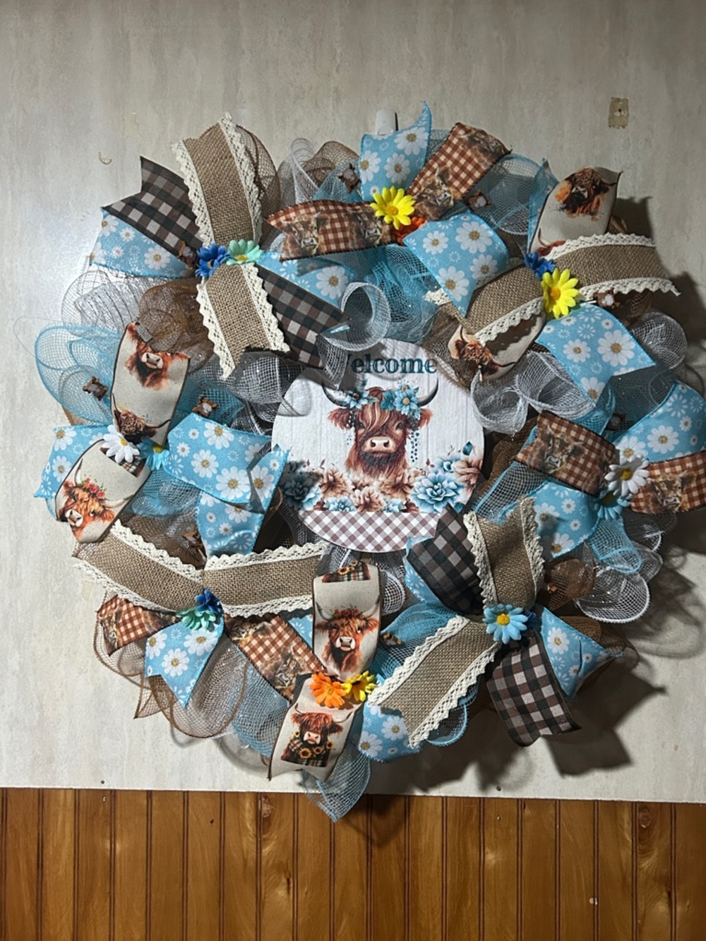 Welcome Blue Daisy & Burlap Farmhouse Wreath